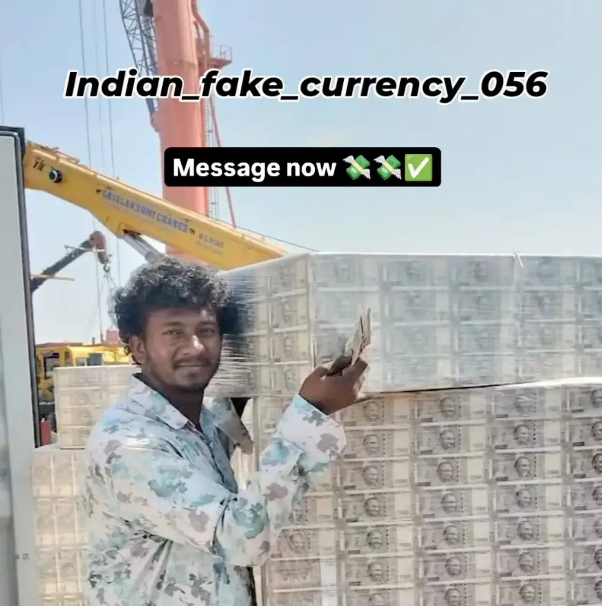 An Instagram post advertising counterfeit Indian rupees, overlaying contact details on the image in a likely effort to avoid content moderation.