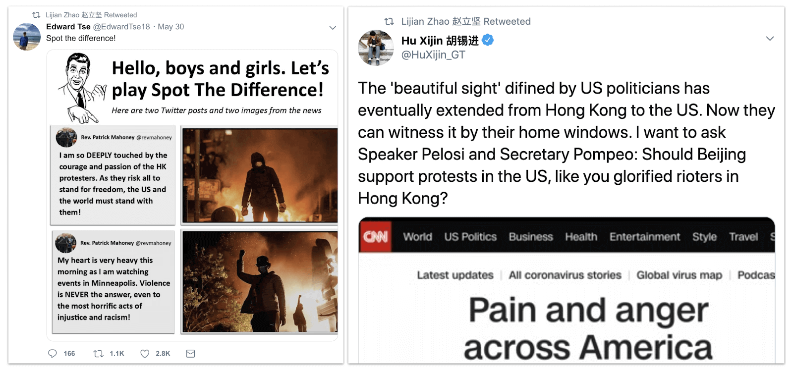 Retweets by Chinese Deputy Foreign Minister Lijian Zhao comparing the Hong Kong and American protests. The right-hand post retweets Hu Xijin, chief editor of the Global Times, another state outlet; the quote “beautiful sight” refers to a comment on the Hong Kong protests made byU.S. House Speaker Nancy Pelosi in 2019.