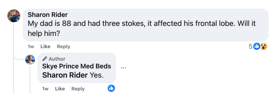 A comment on a Facebook post by a medbed-focused account, followed by the account operator’s claim that a medbed will reverse stroke damage. 