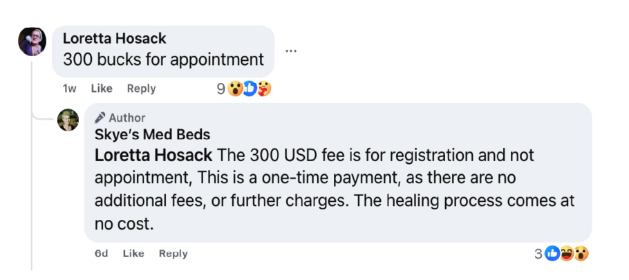 A Facebook comment response from a medbed account operator justifying the “registration” fee.