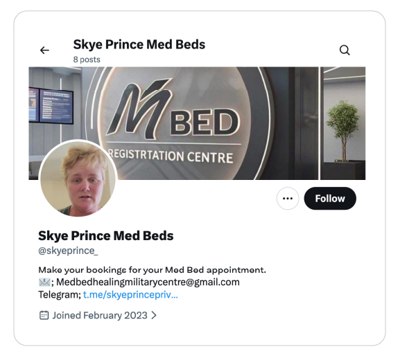 X account encouraging users to reach out via email or Telegram to book their medbed appointment