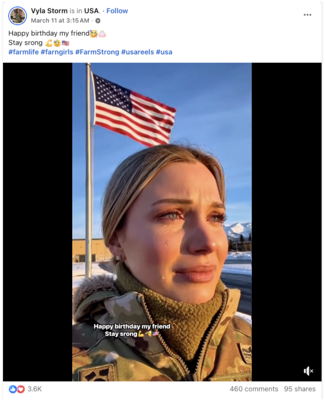 Screenshot of a Facebook Reels video by the account Vyla Storm, featuring an almost certainly AI-generated depiction of a U.S. soldier with #farngirls and "stay srong."