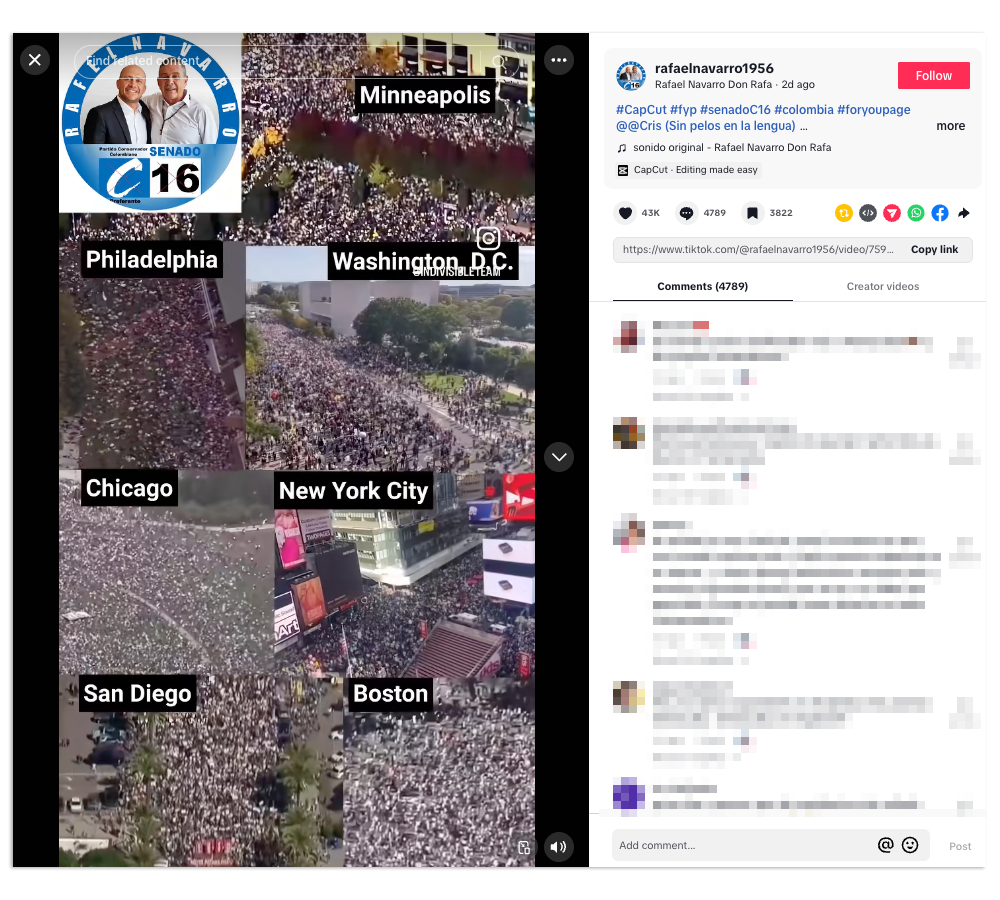 Screenshot of "No Kings" protests footage posted to TikTok by Colombian politician Rafael Navarro, using his own campaign logo to cover the "No Kings" logo in the upper-left corner.
