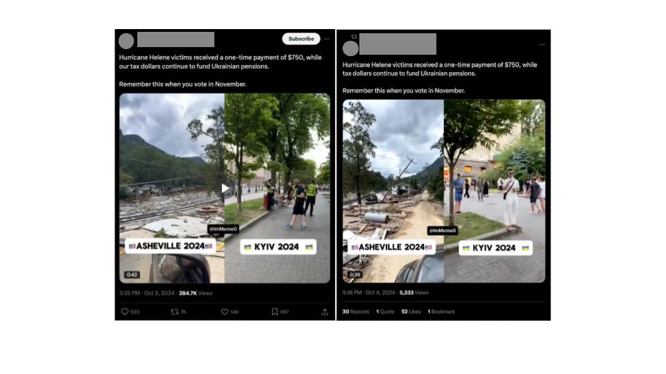 Example of X posts from prominent English-language users criticizing the U.S. government's disaster relief efforts (left) and posts from likely Spamouflage-linked or pro-China accounts (now suspended) that directly copied the original post to amplify that criticism (right).