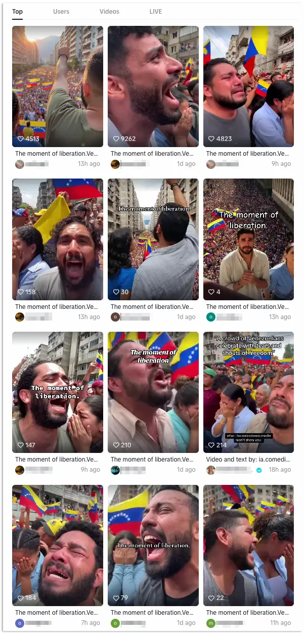 Several TikTok accounts used the same caption when sharing likely AI-generated videos featuring crying Venezuelans celebrating Nicolas Maduro's capture.